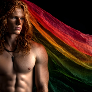 AI-generated art capturing men in a rainbow of colors creates a striking visual impact, blending surreal, vibrant, and high-fashion elements. Featuring artwork of beautiful, shirtless, muscular men embellished with or surrounded by a vibrant rainbow palette, evoking themes of pride, vitality, and artistic expression.