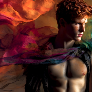 AI-generated art capturing men in a rainbow of colors creates a striking visual impact, blending surreal, vibrant, and high-fashion elements. Featuring artwork of beautiful, shirtless, muscular men embellished with or surrounded by a vibrant rainbow palette, evoking themes of pride, vitality, and artistic expression.