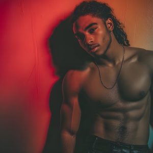 AI-generated art capturing men in a rainbow of colors creates a striking visual impact, blending surreal, vibrant, and high-fashion elements. Featuring artwork of beautiful, shirtless, muscular men embellished with or surrounded by a vibrant rainbow palette, evoking themes of pride, vitality, and artistic expression.