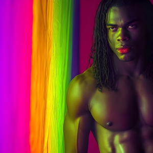 AI-generated art capturing men in a rainbow of colors creates a striking visual impact, blending surreal, vibrant, and high-fashion elements. Featuring artwork of beautiful, shirtless, muscular men embellished with or surrounded by a vibrant rainbow palette, evoking themes of pride, vitality, and artistic expression.