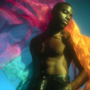 AI-generated art capturing men in a rainbow of colors creates a striking visual impact, blending surreal, vibrant, and high-fashion elements. Featuring artwork of beautiful, shirtless, muscular men embellished with or surrounded by a vibrant rainbow palette, evoking themes of pride, vitality, and artistic expression.