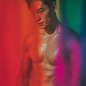 AI-generated art capturing men in a rainbow of colors creates a striking visual impact, blending surreal, vibrant, and high-fashion elements. Featuring artwork of beautiful, shirtless, muscular men embellished with or surrounded by a vibrant rainbow palette, evoking themes of pride, vitality, and artistic expression.