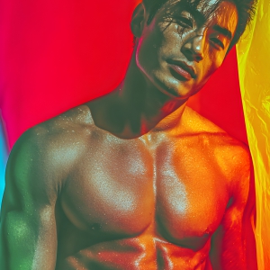 AI-generated art capturing men in a rainbow of colors creates a striking visual impact, blending surreal, vibrant, and high-fashion elements. Featuring artwork of beautiful, shirtless, muscular men embellished with or surrounded by a vibrant rainbow palette, evoking themes of pride, vitality, and artistic expression.