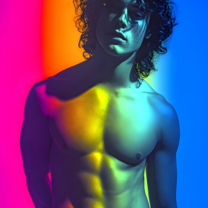 AI-generated art capturing men in a rainbow of colors creates a striking visual impact, blending surreal, vibrant, and high-fashion elements. Featuring artwork of beautiful, shirtless, muscular men embellished with or surrounded by a vibrant rainbow palette, evoking themes of pride, vitality, and artistic expression.