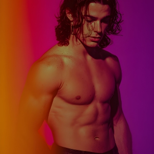 AI-generated art capturing men in a rainbow of colors creates a striking visual impact, blending surreal, vibrant, and high-fashion elements. Featuring artwork of beautiful, shirtless, muscular men embellished with or surrounded by a vibrant rainbow palette, evoking themes of pride, vitality, and artistic expression.