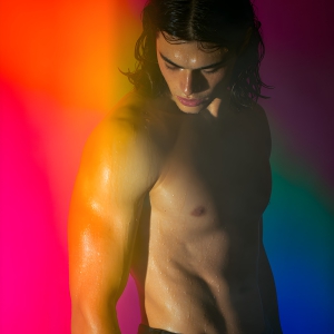 AI-generated art capturing men in a rainbow of colors creates a striking visual impact, blending surreal, vibrant, and high-fashion elements. Featuring artwork of beautiful, shirtless, muscular men embellished with or surrounded by a vibrant rainbow palette, evoking themes of pride, vitality, and artistic expression.