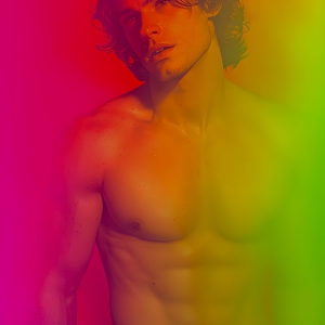 AI-generated art capturing men in a rainbow of colors creates a striking visual impact, blending surreal, vibrant, and high-fashion elements. Featuring artwork of beautiful, shirtless, muscular men embellished with or surrounded by a vibrant rainbow palette, evoking themes of pride, vitality, and artistic expression.
