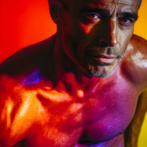AI-generated art capturing men in a rainbow of colors creates a striking visual impact, blending surreal, vibrant, and high-fashion elements. Featuring artwork of beautiful, shirtless, muscular men embellished with or surrounded by a vibrant rainbow palette, evoking themes of pride, vitality, and artistic expression.