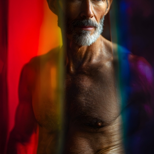 AI-generated art capturing men in a rainbow of colors creates a striking visual impact, blending surreal, vibrant, and high-fashion elements. Featuring artwork of beautiful, shirtless, muscular men embellished with or surrounded by a vibrant rainbow palette, evoking themes of pride, vitality, and artistic expression.
