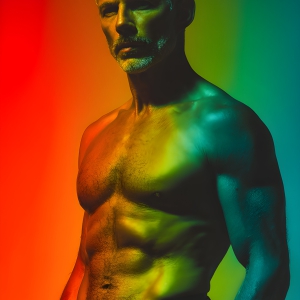 AI-generated art capturing men in a rainbow of colors creates a striking visual impact, blending surreal, vibrant, and high-fashion elements. Featuring artwork of beautiful, shirtless, muscular men embellished with or surrounded by a vibrant rainbow palette, evoking themes of pride, vitality, and artistic expression.