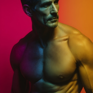 AI-generated art capturing men in a rainbow of colors creates a striking visual impact, blending surreal, vibrant, and high-fashion elements. Featuring artwork of beautiful, shirtless, muscular men embellished with or surrounded by a vibrant rainbow palette, evoking themes of pride, vitality, and artistic expression.