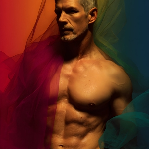 AI-generated art capturing men in a rainbow of colors creates a striking visual impact, blending surreal, vibrant, and high-fashion elements. Featuring artwork of beautiful, shirtless, muscular men embellished with or surrounded by a vibrant rainbow palette, evoking themes of pride, vitality, and artistic expression.