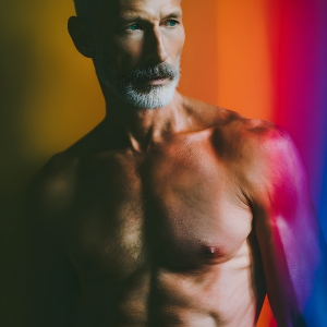 AI-generated art capturing men in a rainbow of colors creates a striking visual impact, blending surreal, vibrant, and high-fashion elements. Featuring artwork of beautiful, shirtless, muscular men embellished with or surrounded by a vibrant rainbow palette, evoking themes of pride, vitality, and artistic expression.