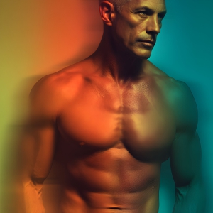 AI-generated art capturing men in a rainbow of colors creates a striking visual impact, blending surreal, vibrant, and high-fashion elements. Featuring artwork of beautiful, shirtless, muscular men embellished with or surrounded by a vibrant rainbow palette, evoking themes of pride, vitality, and artistic expression.