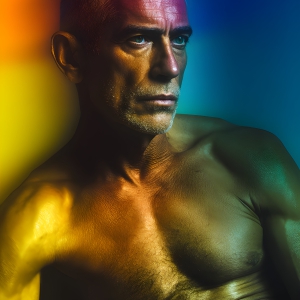 AI-generated art capturing men in a rainbow of colors creates a striking visual impact, blending surreal, vibrant, and high-fashion elements. Featuring artwork of beautiful, shirtless, muscular men embellished with or surrounded by a vibrant rainbow palette, evoking themes of pride, vitality, and artistic expression.