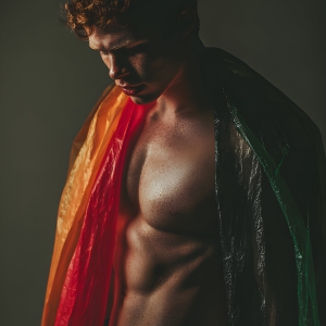 AI-generated art capturing men in a rainbow of colors creates a striking visual impact, blending surreal, vibrant, and high-fashion elements. Featuring artwork of beautiful, shirtless, muscular men embellished with or surrounded by a vibrant rainbow palette, evoking themes of pride, vitality, and artistic expression.