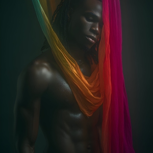 AI-generated art capturing men in a rainbow of colors creates a striking visual impact, blending surreal, vibrant, and high-fashion elements. Featuring artwork of beautiful, shirtless, muscular men embellished with or surrounded by a vibrant rainbow palette, evoking themes of pride, vitality, and artistic expression.