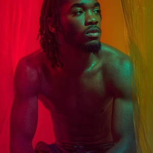 AI-generated art capturing men in a rainbow of colors creates a striking visual impact, blending surreal, vibrant, and high-fashion elements. Featuring artwork of beautiful, shirtless, muscular men embellished with or surrounded by a vibrant rainbow palette, evoking themes of pride, vitality, and artistic expression.