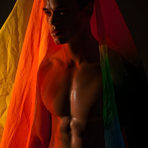 AI-generated art capturing men in a rainbow of colors creates a striking visual impact, blending surreal, vibrant, and high-fashion elements. Featuring artwork of beautiful, shirtless, muscular men embellished with or surrounded by a vibrant rainbow palette, evoking themes of pride, vitality, and artistic expression.