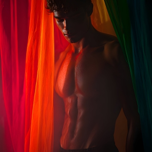 AI-generated art capturing men in a rainbow of colors creates a striking visual impact, blending surreal, vibrant, and high-fashion elements. Featuring artwork of beautiful, shirtless, muscular men embellished with or surrounded by a vibrant rainbow palette, evoking themes of pride, vitality, and artistic expression.