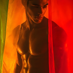 AI-generated art capturing men in a rainbow of colors creates a striking visual impact, blending surreal, vibrant, and high-fashion elements. Featuring artwork of beautiful, shirtless, muscular men embellished with or surrounded by a vibrant rainbow palette, evoking themes of pride, vitality, and artistic expression.