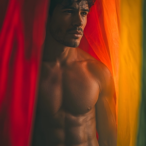 AI-generated art capturing men in a rainbow of colors creates a striking visual impact, blending surreal, vibrant, and high-fashion elements. Featuring artwork of beautiful, shirtless, muscular men embellished with or surrounded by a vibrant rainbow palette, evoking themes of pride, vitality, and artistic expression.