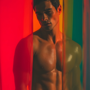 AI-generated art capturing men in a rainbow of colors creates a striking visual impact, blending surreal, vibrant, and high-fashion elements. Featuring artwork of beautiful, shirtless, muscular men embellished with or surrounded by a vibrant rainbow palette, evoking themes of pride, vitality, and artistic expression.