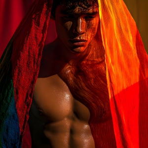 AI-generated art capturing men in a rainbow of colors creates a striking visual impact, blending surreal, vibrant, and high-fashion elements. Featuring artwork of beautiful, shirtless, muscular men embellished with or surrounded by a vibrant rainbow palette, evoking themes of pride, vitality, and artistic expression.