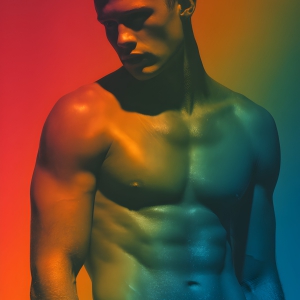 AI-generated art capturing men in a rainbow of colors creates a striking visual impact, blending surreal, vibrant, and high-fashion elements. Featuring artwork of beautiful, shirtless, muscular men embellished with or surrounded by a vibrant rainbow palette, evoking themes of pride, vitality, and artistic expression.
