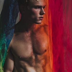 AI-generated art capturing men in a rainbow of colors creates a striking visual impact, blending surreal, vibrant, and high-fashion elements. Featuring artwork of beautiful, shirtless, muscular men embellished with or surrounded by a vibrant rainbow palette, evoking themes of pride, vitality, and artistic expression.