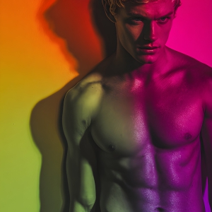 AI-generated art capturing men in a rainbow of colors creates a striking visual impact, blending surreal, vibrant, and high-fashion elements. Featuring artwork of beautiful, shirtless, muscular men embellished with or surrounded by a vibrant rainbow palette, evoking themes of pride, vitality, and artistic expression.
