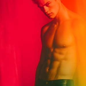 AI-generated art capturing men in a rainbow of colors creates a striking visual impact, blending surreal, vibrant, and high-fashion elements. Featuring artwork of beautiful, shirtless, muscular men embellished with or surrounded by a vibrant rainbow palette, evoking themes of pride, vitality, and artistic expression.