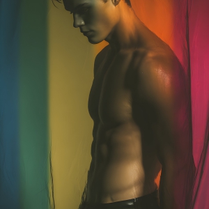 AI-generated art capturing men in a rainbow of colors creates a striking visual impact, blending surreal, vibrant, and high-fashion elements. Featuring artwork of beautiful, shirtless, muscular men embellished with or surrounded by a vibrant rainbow palette, evoking themes of pride, vitality, and artistic expression.