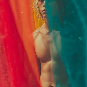 AI-generated art capturing men in a rainbow of colors creates a striking visual impact, blending surreal, vibrant, and high-fashion elements. Featuring artwork of beautiful, shirtless, muscular men embellished with or surrounded by a vibrant rainbow palette, evoking themes of pride, vitality, and artistic expression.