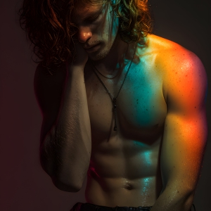 AI-generated art capturing men in a rainbow of colors creates a striking visual impact, blending surreal, vibrant, and high-fashion elements. Featuring artwork of beautiful, shirtless, muscular men embellished with or surrounded by a vibrant rainbow palette, evoking themes of pride, vitality, and artistic expression.