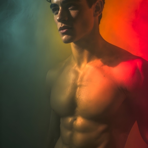 AI-generated art capturing men in a rainbow of colors creates a striking visual impact, blending surreal, vibrant, and high-fashion elements. Featuring artwork of beautiful, shirtless, muscular men embellished with or surrounded by a vibrant rainbow palette, evoking themes of pride, vitality, and artistic expression.