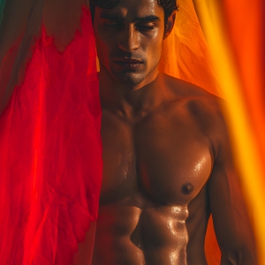 AI-generated art capturing men in a rainbow of colors creates a striking visual impact, blending surreal, vibrant, and high-fashion elements. Featuring artwork of beautiful, shirtless, muscular men embellished with or surrounded by a vibrant rainbow palette, evoking themes of pride, vitality, and artistic expression.