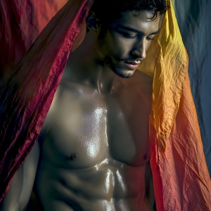 AI-generated art capturing men in a rainbow of colors creates a striking visual impact, blending surreal, vibrant, and high-fashion elements. Featuring artwork of beautiful, shirtless, muscular men embellished with or surrounded by a vibrant rainbow palette, evoking themes of pride, vitality, and artistic expression.