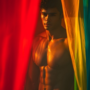 AI-generated art capturing men in a rainbow of colors creates a striking visual impact, blending surreal, vibrant, and high-fashion elements. Featuring artwork of beautiful, shirtless, muscular men embellished with or surrounded by a vibrant rainbow palette, evoking themes of pride, vitality, and artistic expression.