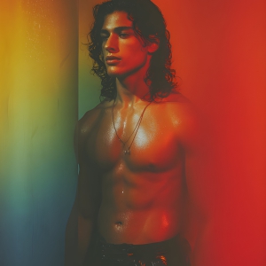 AI-generated art capturing men in a rainbow of colors creates a striking visual impact, blending surreal, vibrant, and high-fashion elements. Featuring artwork of beautiful, shirtless, muscular men embellished with or surrounded by a vibrant rainbow palette, evoking themes of pride, vitality, and artistic expression.
