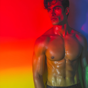 AI-generated art capturing men in a rainbow of colors creates a striking visual impact, blending surreal, vibrant, and high-fashion elements. Featuring artwork of beautiful, shirtless, muscular men embellished with or surrounded by a vibrant rainbow palette, evoking themes of pride, vitality, and artistic expression.