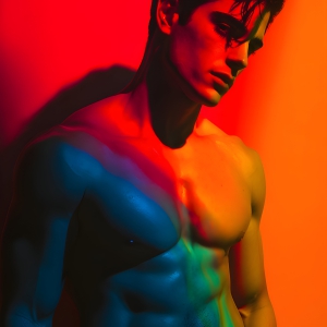 AI-generated art capturing men in a rainbow of colors creates a striking visual impact, blending surreal, vibrant, and high-fashion elements. Featuring artwork of beautiful, shirtless, muscular men embellished with or surrounded by a vibrant rainbow palette, evoking themes of pride, vitality, and artistic expression.