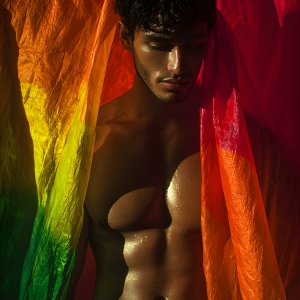 AI-generated art capturing men in a rainbow of colors creates a striking visual impact, blending surreal, vibrant, and high-fashion elements. Featuring artwork of beautiful, shirtless, muscular men embellished with or surrounded by a vibrant rainbow palette, evoking themes of pride, vitality, and artistic expression.