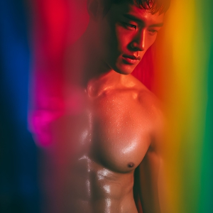 AI-generated art capturing men in a rainbow of colors creates a striking visual impact, blending surreal, vibrant, and high-fashion elements. Featuring artwork of beautiful, shirtless, muscular men embellished with or surrounded by a vibrant rainbow palette, evoking themes of pride, vitality, and artistic expression.