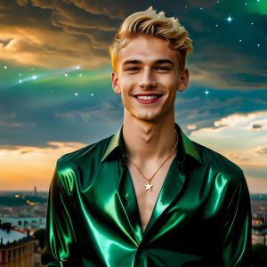 The Men of the Golden City is a collection of AI generated images of beautiful, glamorous, handsome guys in the heavens. The heavenly landscape evokes a sense of magnificence, the majestic gothic architecture, is detailed and crafted to create an atmosphere of reverence and divine glory. The mystical and galactic landscape highlights the golden city. The great detail of the city and the billowing clouds. A golden river flows from the city to the end of the galaxy. The vast galaxy almost covers the image. The stars and constellations sparkle in the galaxy. The city has massive, magnificent, majestic gothic architecture.