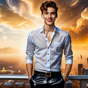 The Men of the Golden City is a collection of AI generated images of beautiful, glamorous, handsome guys in the heavens. The heavenly landscape evokes a sense of magnificence, the majestic gothic architecture, is detailed and crafted to create an atmosphere of reverence and divine glory. The mystical and galactic landscape highlights the golden city. The great detail of the city and the billowing clouds. A golden river flows from the city to the end of the galaxy. The vast galaxy almost covers the image. The stars and constellations sparkle in the galaxy. The city has massive, magnificent, majestic gothic architecture.