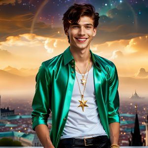 The Men of the Golden City is a collection of AI generated images of beautiful, glamorous, handsome guys in the heavens. The heavenly landscape evokes a sense of magnificence, the majestic gothic architecture, is detailed and crafted to create an atmosphere of reverence and divine glory. The mystical and galactic landscape highlights the golden city. The great detail of the city and the billowing clouds. A golden river flows from the city to the end of the galaxy. The vast galaxy almost covers the image. The stars and constellations sparkle in the galaxy. The city has massive, magnificent, majestic gothic architecture.