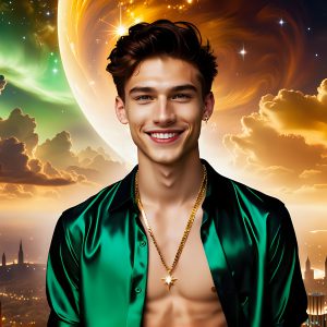 The Men of the Golden City is a collection of AI generated images of beautiful, glamorous, handsome guys in the heavens. The heavenly landscape evokes a sense of magnificence, the majestic gothic architecture, is detailed and crafted to create an atmosphere of reverence and divine glory. The mystical and galactic landscape highlights the golden city. The great detail of the city and the billowing clouds. A golden river flows from the city to the end of the galaxy. The vast galaxy almost covers the image. The stars and constellations sparkle in the galaxy. The city has massive, magnificent, majestic gothic architecture.