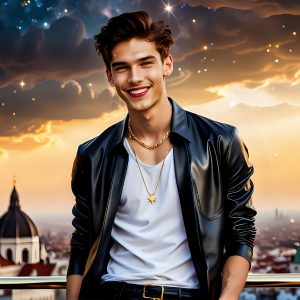 The Men of the Golden City is a collection of AI generated images of beautiful, glamorous, handsome guys in the heavens. The heavenly landscape evokes a sense of magnificence, the majestic gothic architecture, is detailed and crafted to create an atmosphere of reverence and divine glory. The mystical and galactic landscape highlights the golden city. The great detail of the city and the billowing clouds. A golden river flows from the city to the end of the galaxy. The vast galaxy almost covers the image. The stars and constellations sparkle in the galaxy. The city has massive, magnificent, majestic gothic architecture.