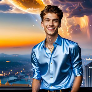 The Men of the Golden City is a collection of AI generated images of beautiful, glamorous, handsome guys in the heavens. The heavenly landscape evokes a sense of magnificence, the majestic gothic architecture, is detailed and crafted to create an atmosphere of reverence and divine glory. The mystical and galactic landscape highlights the golden city. The great detail of the city and the billowing clouds. A golden river flows from the city to the end of the galaxy. The vast galaxy almost covers the image. The stars and constellations sparkle in the galaxy. The city has massive, magnificent, majestic gothic architecture.